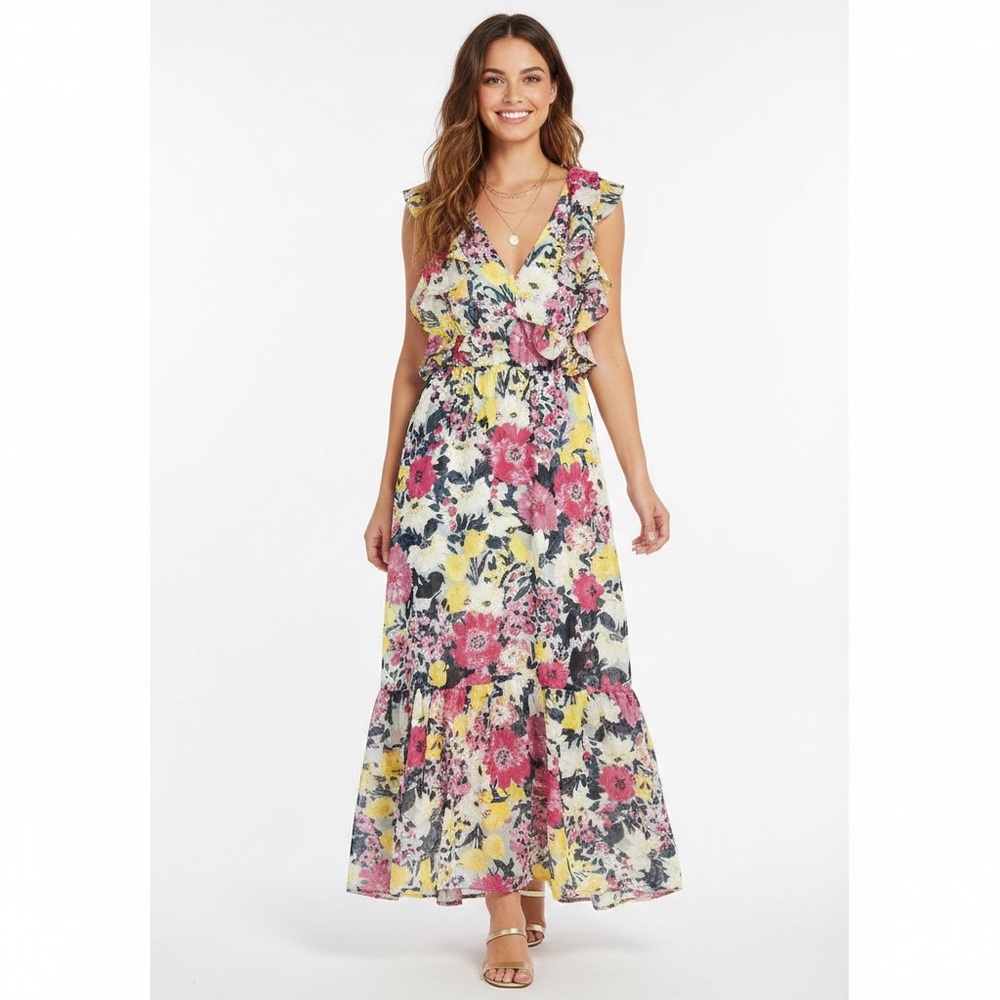 LC Lauren Conrad Pink and Yellow Floral Ruffle Maxi Dress